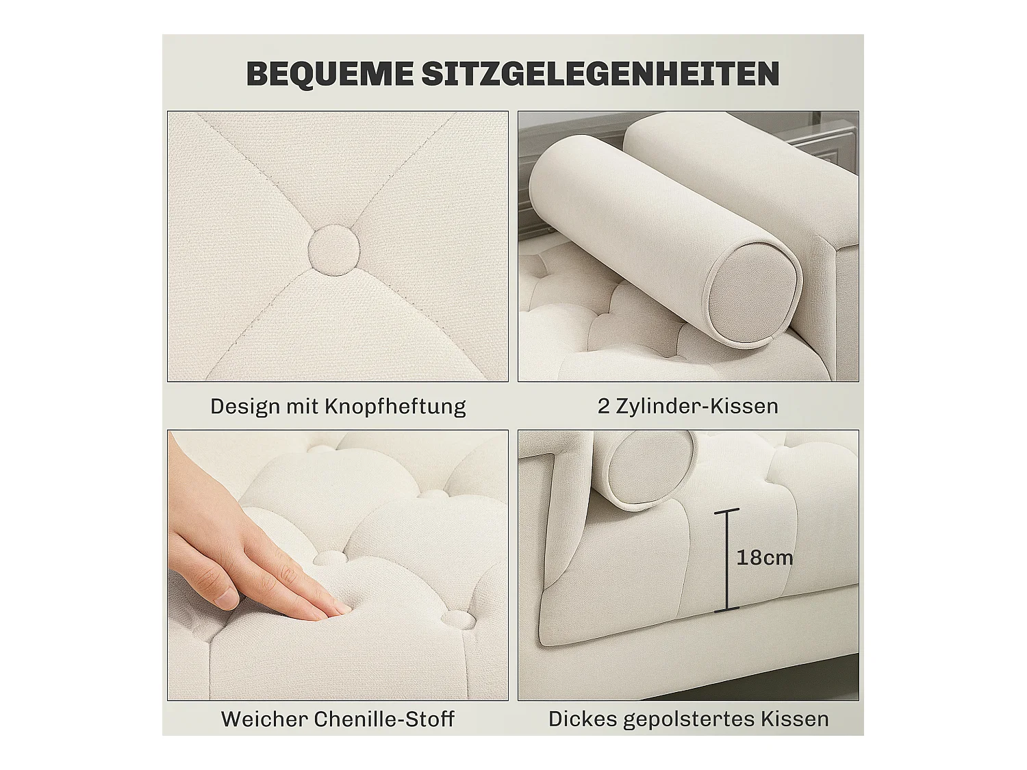Banc capitonné avec accoudoirs, tissu chenille, 2 coussins cylindriques, structure en bois, beige (115x44x58cm)