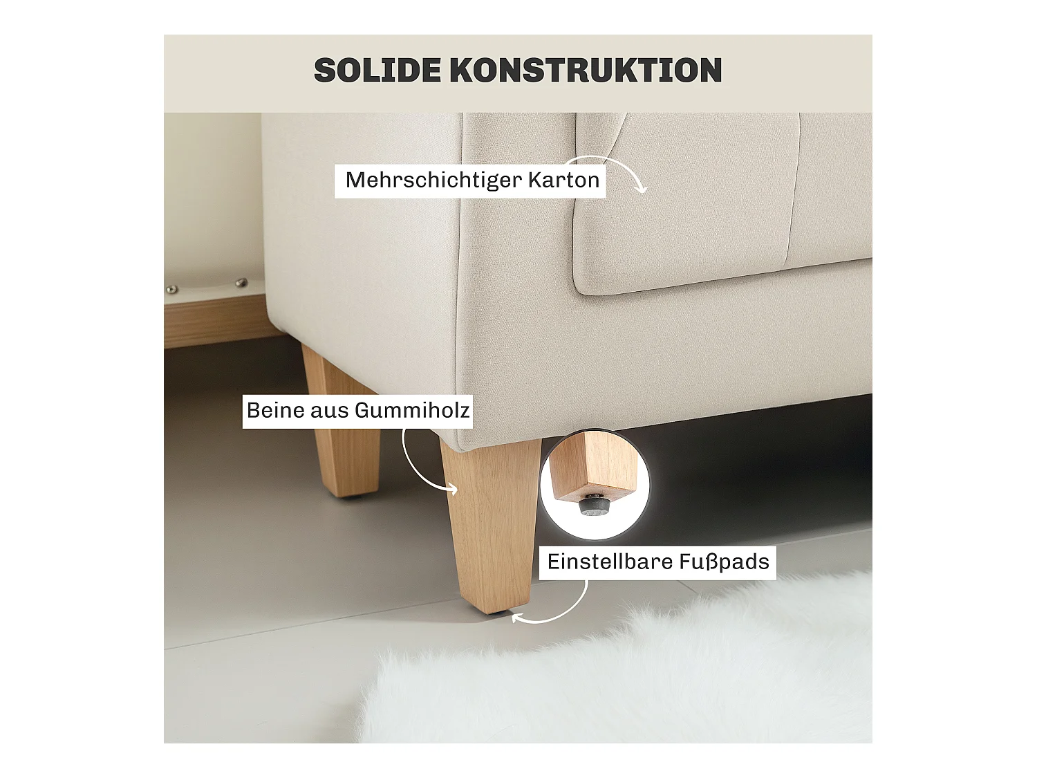 Banc capitonné avec accoudoirs, tissu chenille, 2 coussins cylindriques, structure en bois, beige (115x44x58cm)