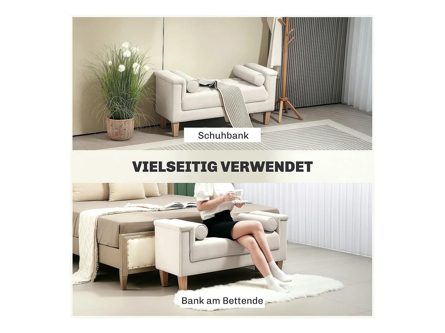 Banc capitonné avec accoudoirs, tissu chenille, 2 coussins cylindriques, structure en bois, beige (115x44x58cm)