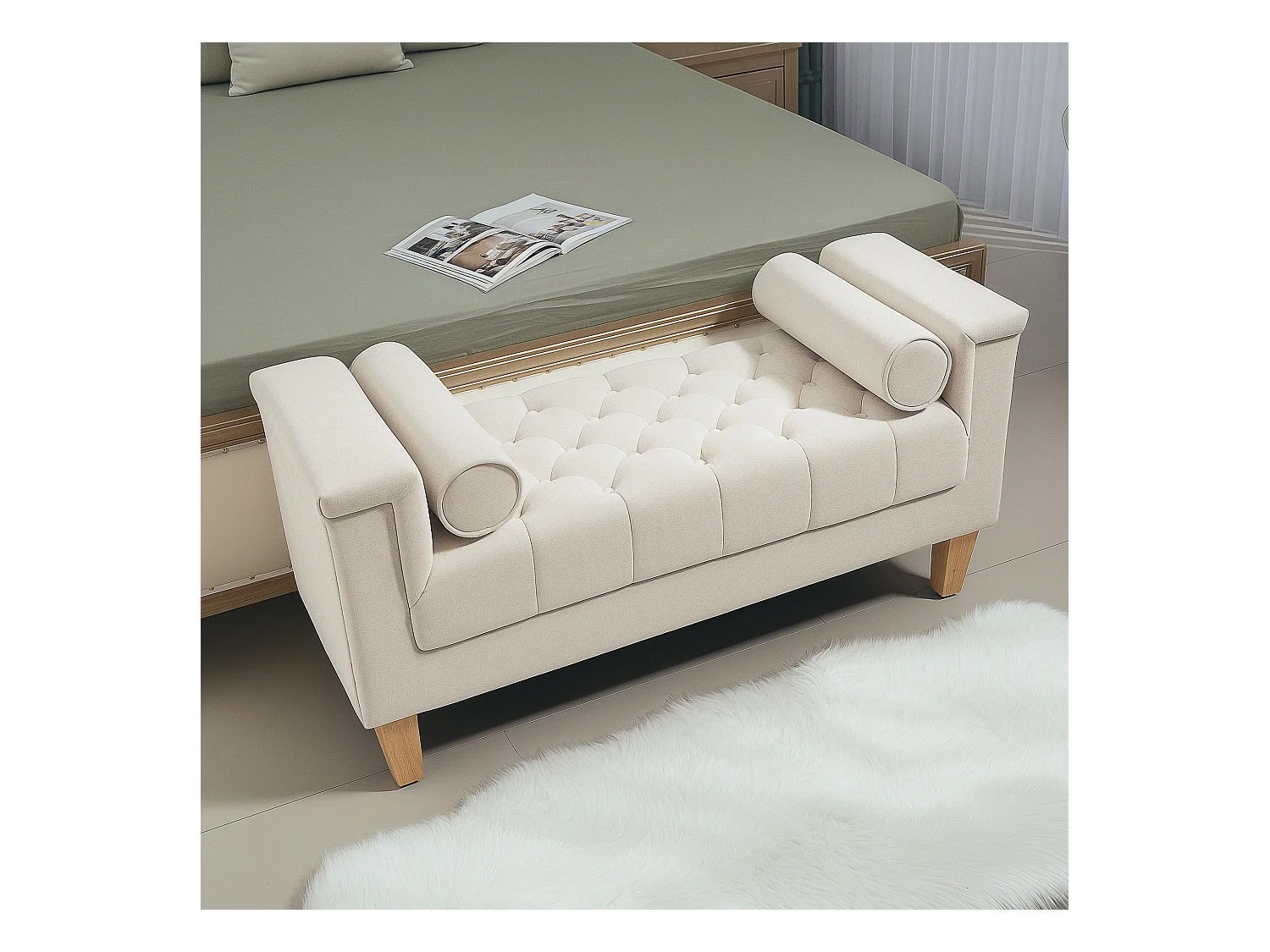 Banc capitonné avec accoudoirs, tissu chenille, 2 coussins cylindriques, structure en bois, beige (115x44x58cm)