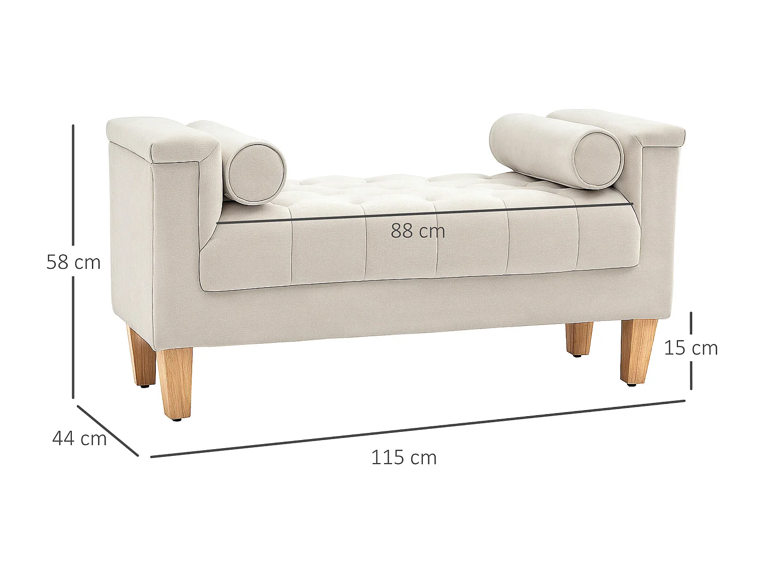 Banc capitonné avec accoudoirs, tissu chenille, 2 coussins cylindriques, structure en bois, beige (115x44x58cm)
