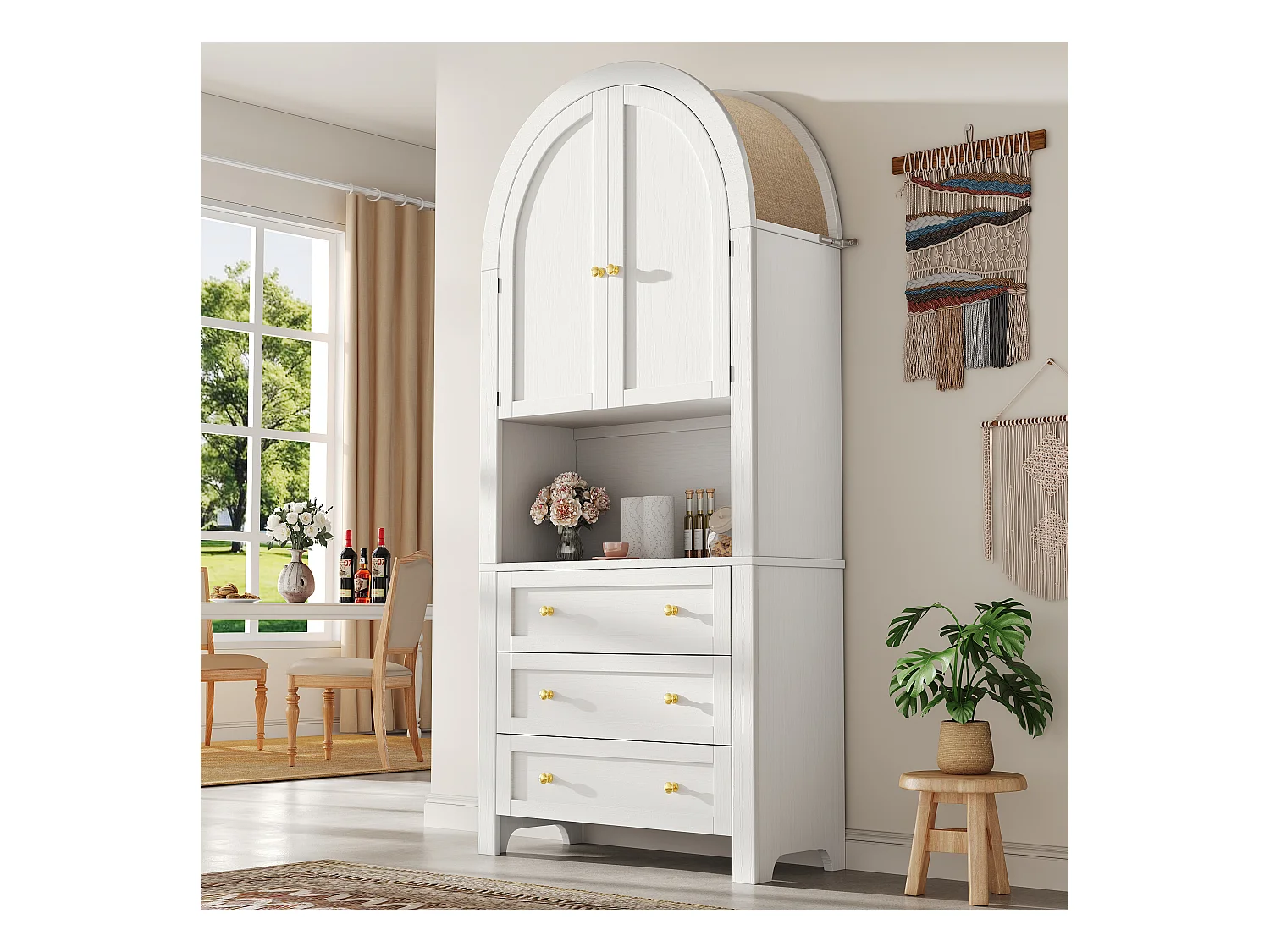 Armoire de rangement haute avec portes incurvées et tiroirs, étagères ouvertes, MDF, blanc (70x35x180 cm)
