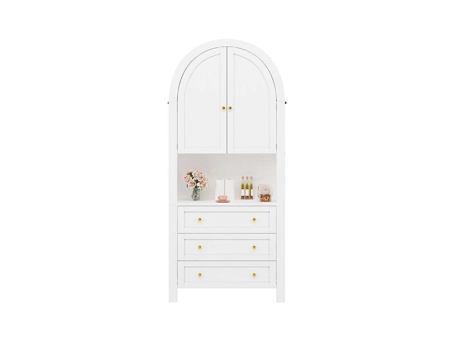 Armoire de rangement haute avec portes incurvées et tiroirs, étagères ouvertes, MDF, blanc (70x35x180 cm)
