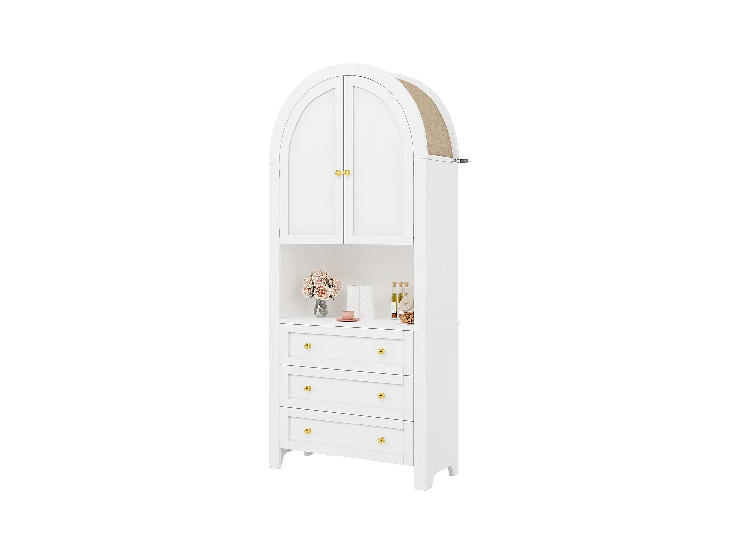 Armoire de rangement haute avec portes incurvées et tiroirs, étagères ouvertes, MDF, blanc (70x35x180 cm)