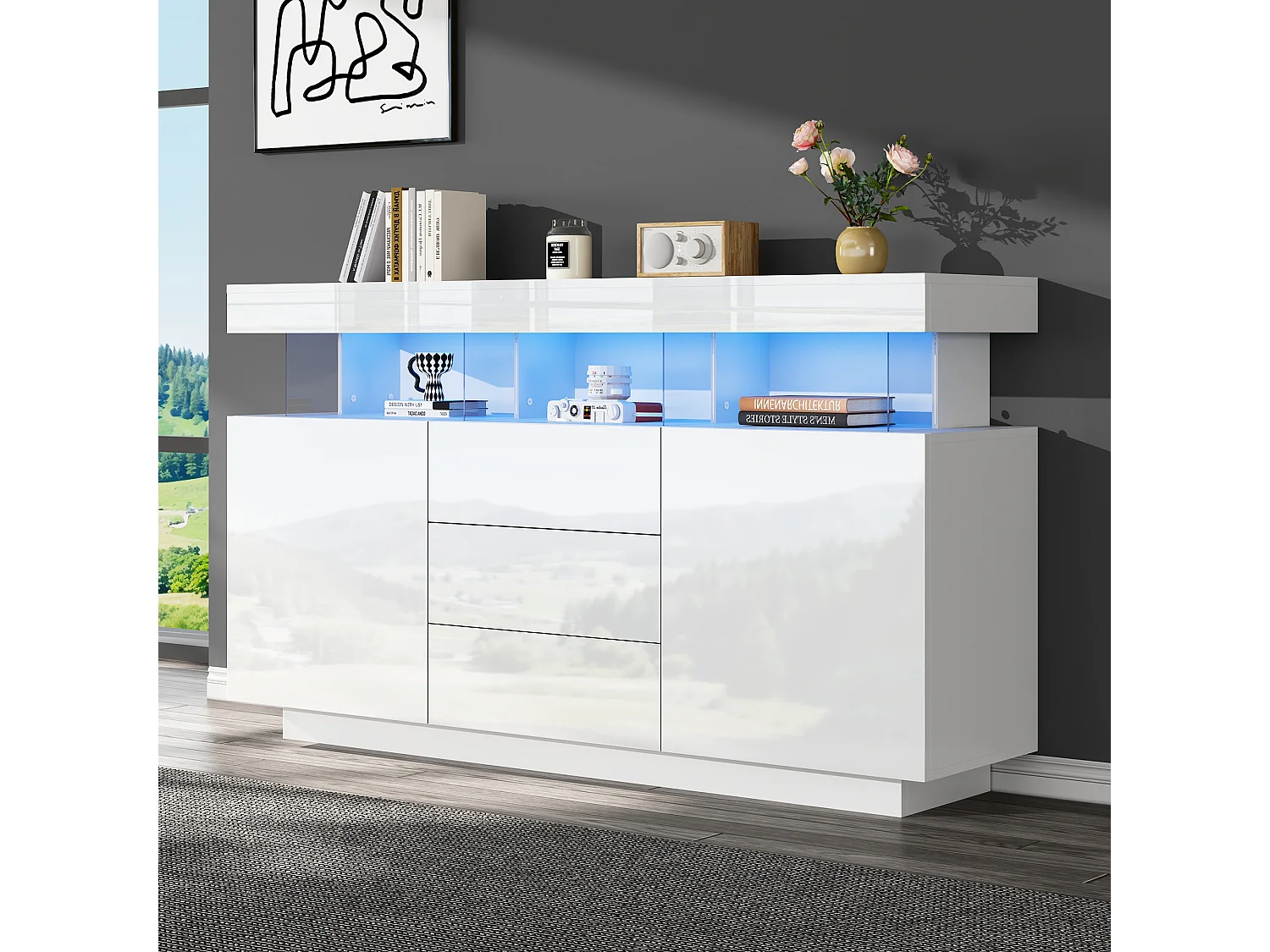Aparador moderno con LED, 3 cajones, 2 puertas, 2 estantes abiertos, MDF, blanco y madera clara (140x35x80 cm)