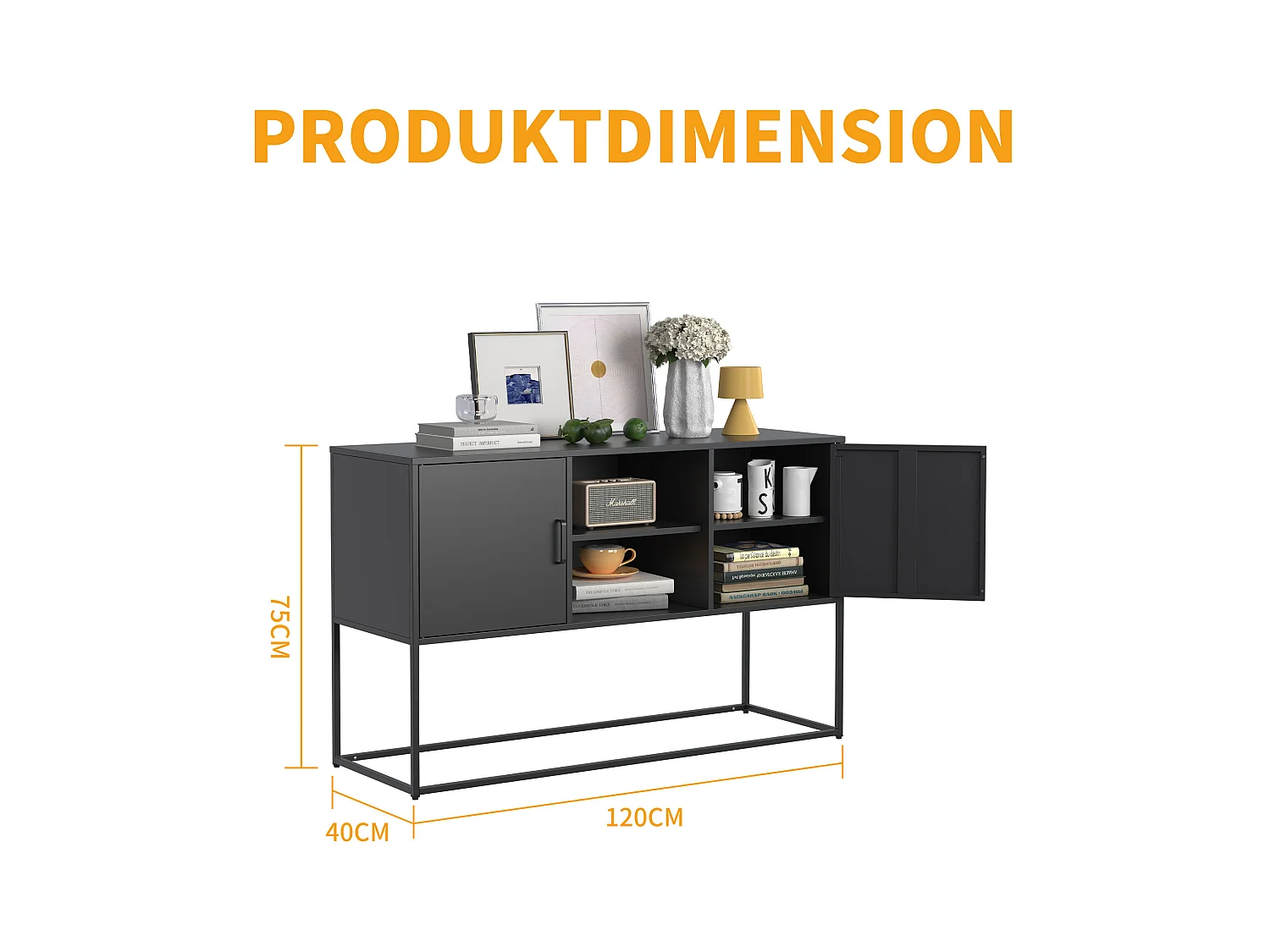 Armoire métallique noire, buffet, et meuble de rangement avec 2 étagères, design moderne, métal, blanc (120x40x75 cm)