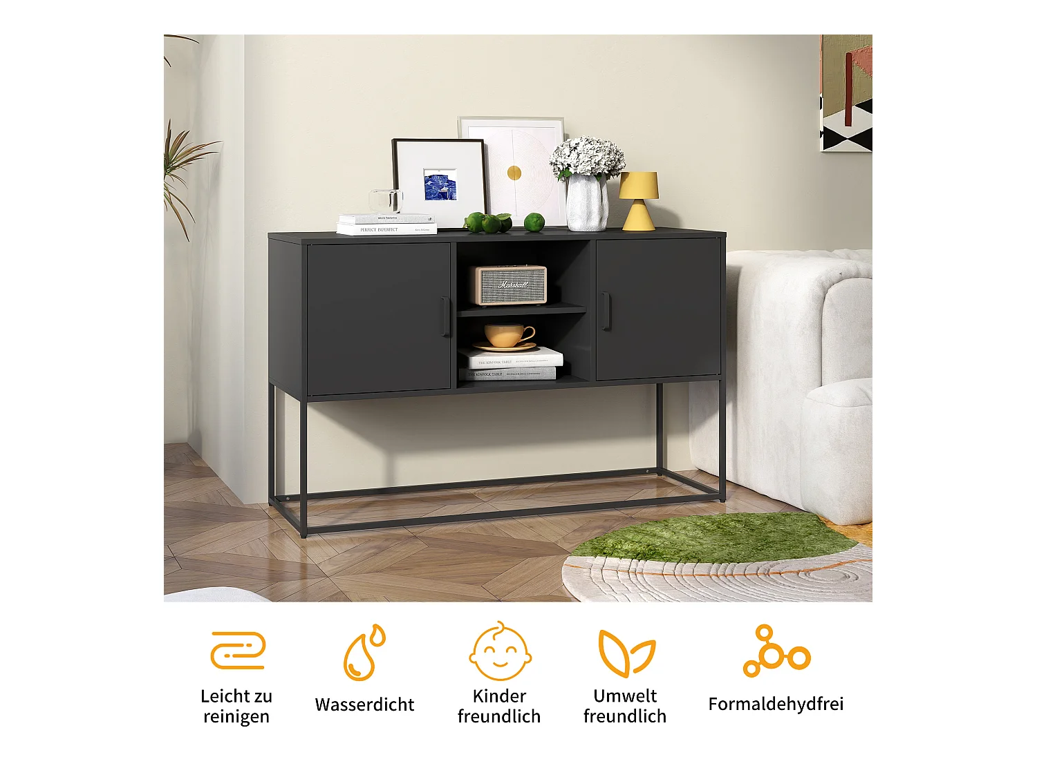 Armoire métallique noire, buffet, et meuble de rangement avec 2 étagères, design moderne, métal, blanc (120x40x75 cm)