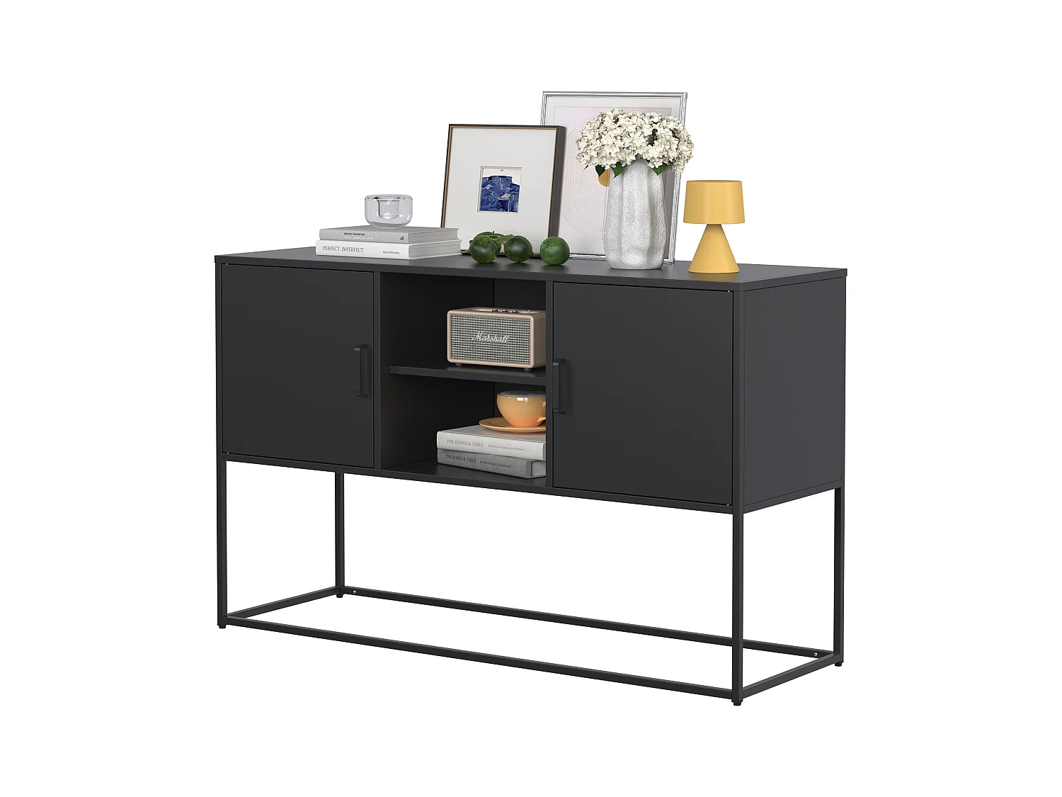 Armoire métallique noire, buffet, et meuble de rangement avec 2 étagères, design moderne, métal, blanc (120x40x75 cm)