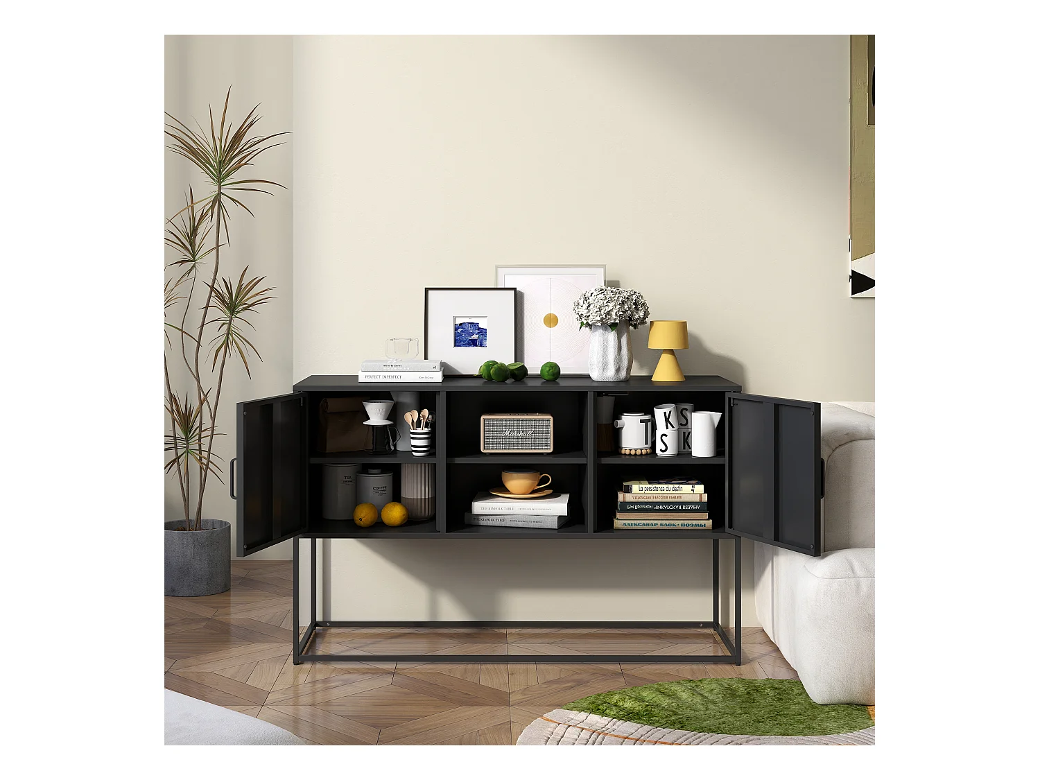 Armoire métallique noire, buffet, et meuble de rangement avec 2 étagères, design moderne, métal, blanc (120x40x75 cm)