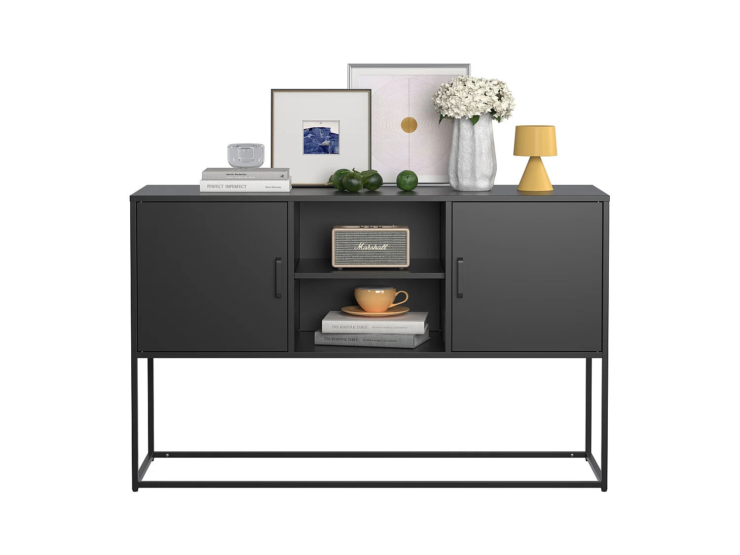 Armoire métallique noire, buffet, et meuble de rangement avec 2 étagères, design moderne, métal, blanc (120x40x75 cm)