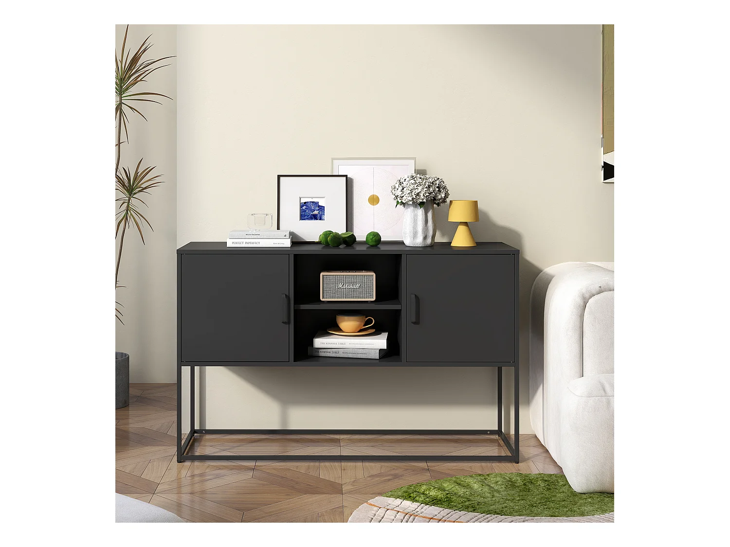 Armoire métallique noire, buffet, et meuble de rangement avec 2 étagères, design moderne, métal, blanc (120x40x75 cm)