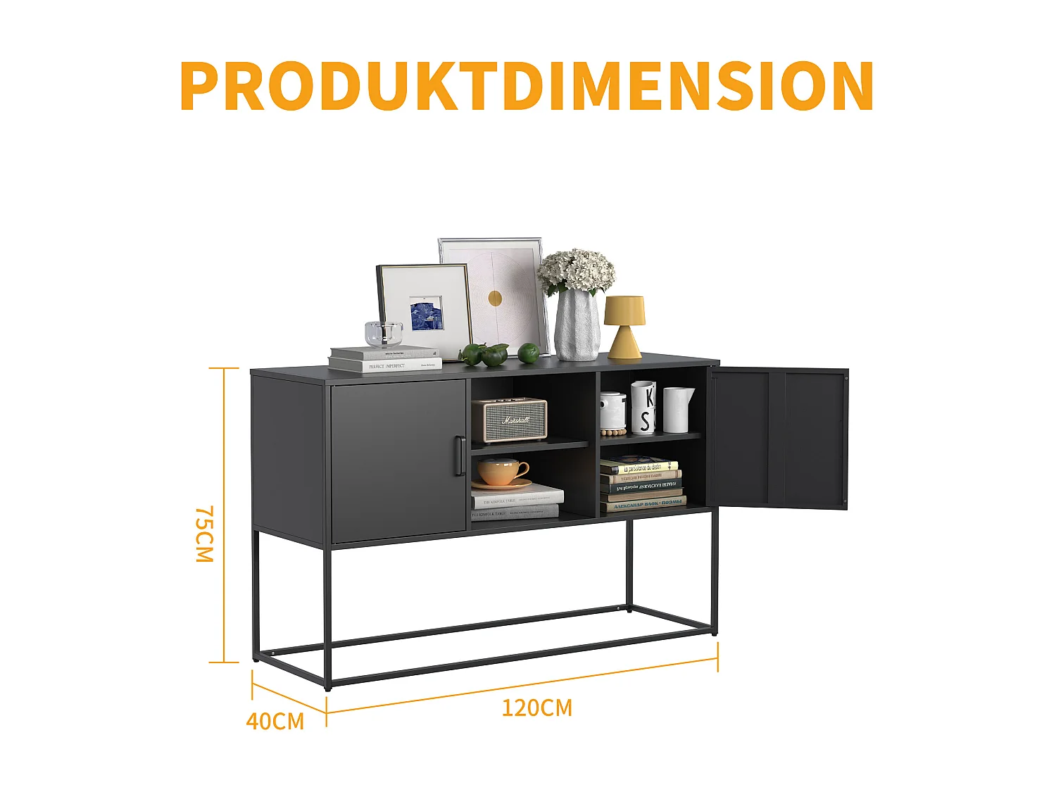 Armoire métallique noire, buffet, et meuble de rangement avec 2 étagères, design moderne, métal, blanc (120x40x75 cm)