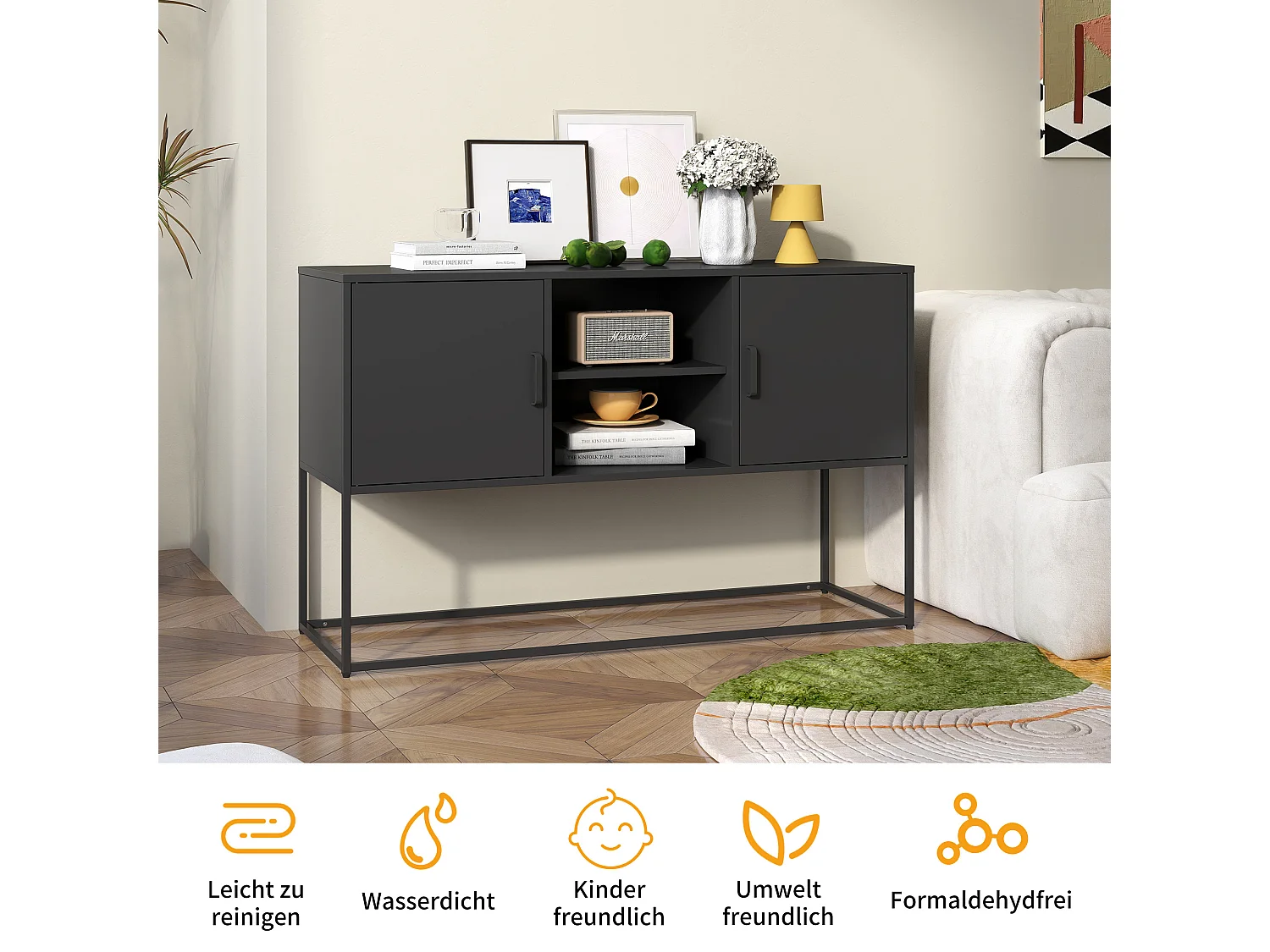 Armoire métallique noire, buffet, et meuble de rangement avec 2 étagères, design moderne, métal, blanc (120x40x75 cm)