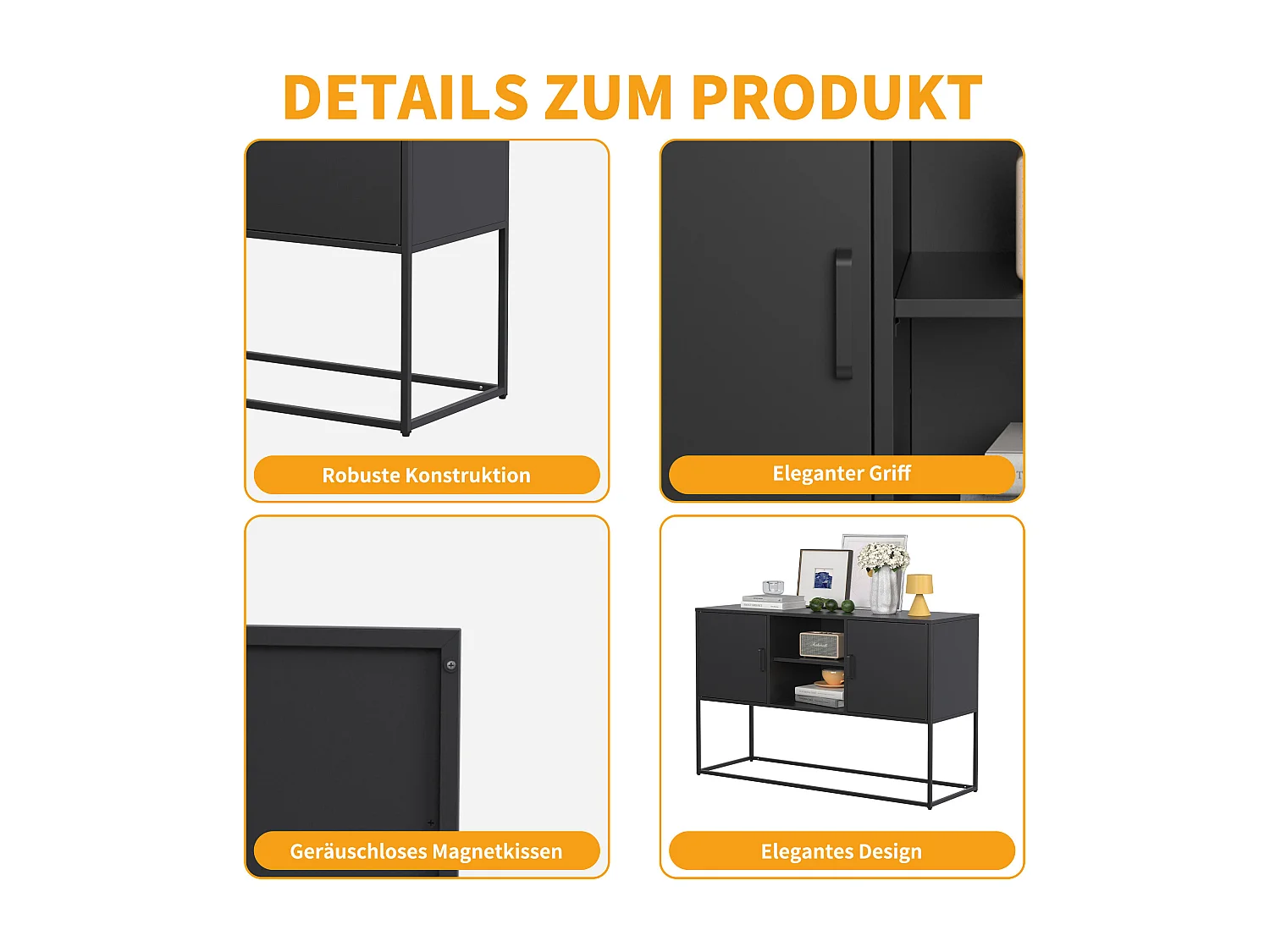 Armoire métallique noire, buffet, et meuble de rangement avec 2 étagères, design moderne, métal, blanc (120x40x75 cm)
