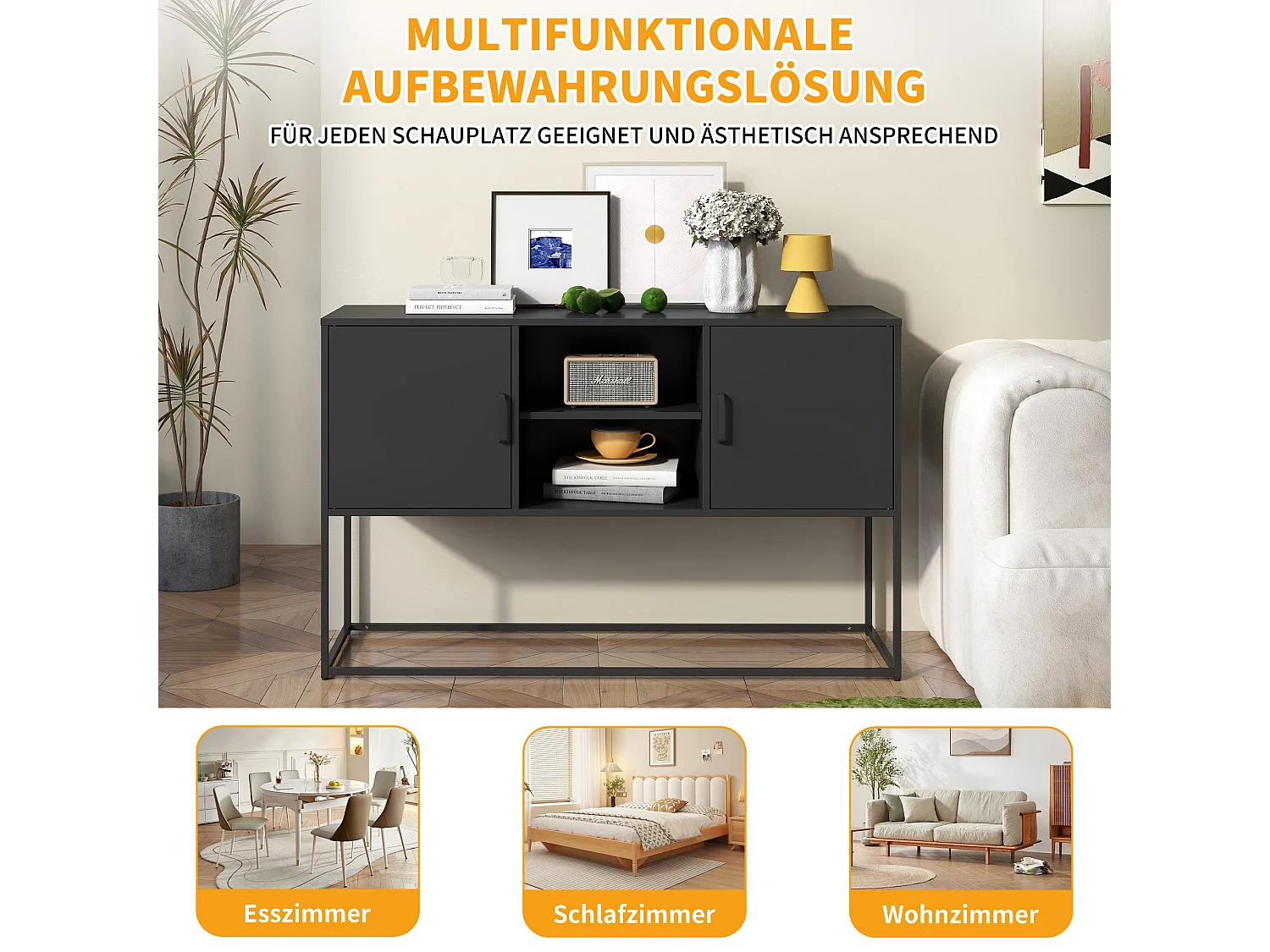 Armoire métallique noire, buffet, et meuble de rangement avec 2 étagères, design moderne, métal, blanc (120x40x75 cm)