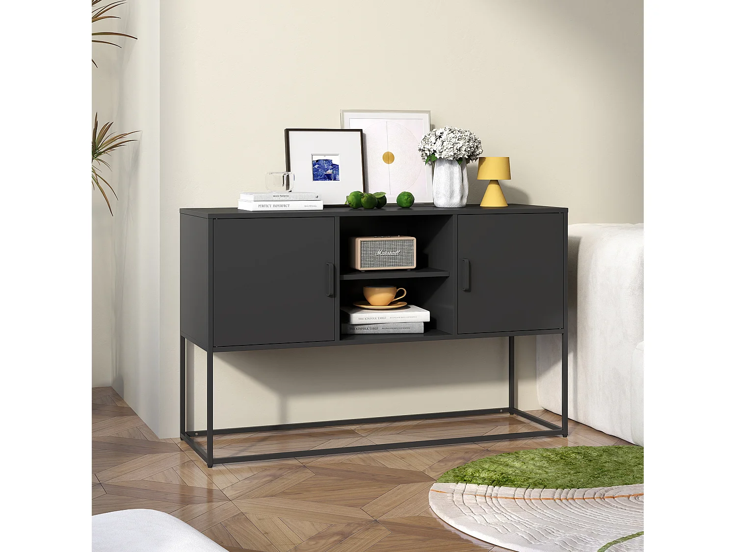 Armoire métallique noire, buffet, et meuble de rangement avec 2 étagères, design moderne, métal, blanc (120x40x75 cm)