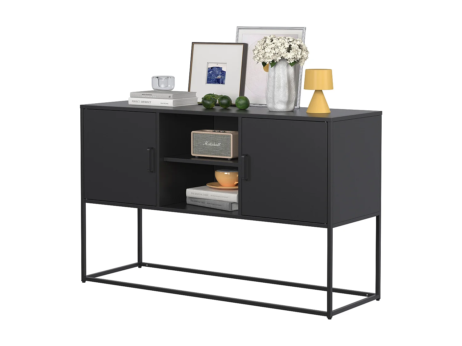 Armoire métallique noire, buffet, et meuble de rangement avec 2 étagères, design moderne, métal, blanc (120x40x75 cm)