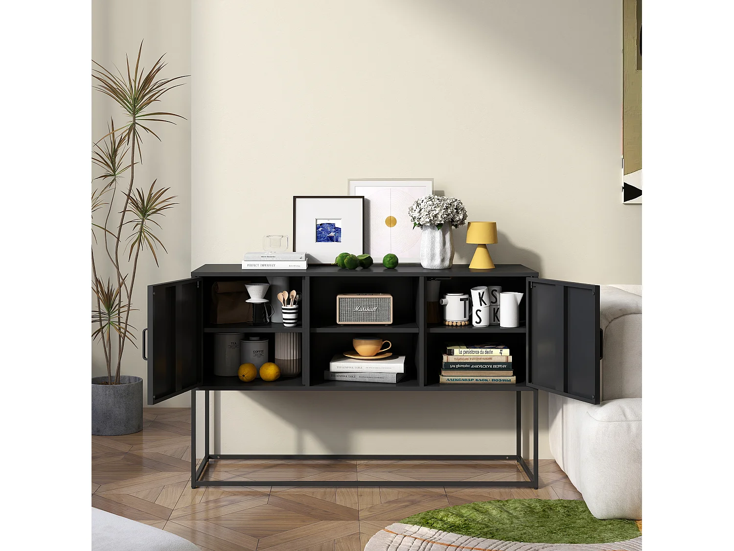 Armoire métallique noire, buffet, et meuble de rangement avec 2 étagères, design moderne, métal, blanc (120x40x75 cm)