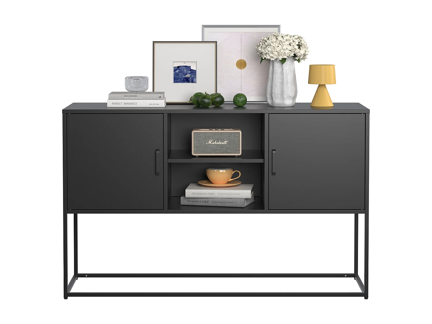 Armoire métallique noire, buffet, et meuble de rangement avec 2 étagères, design moderne, métal, blanc (120x40x75 cm)