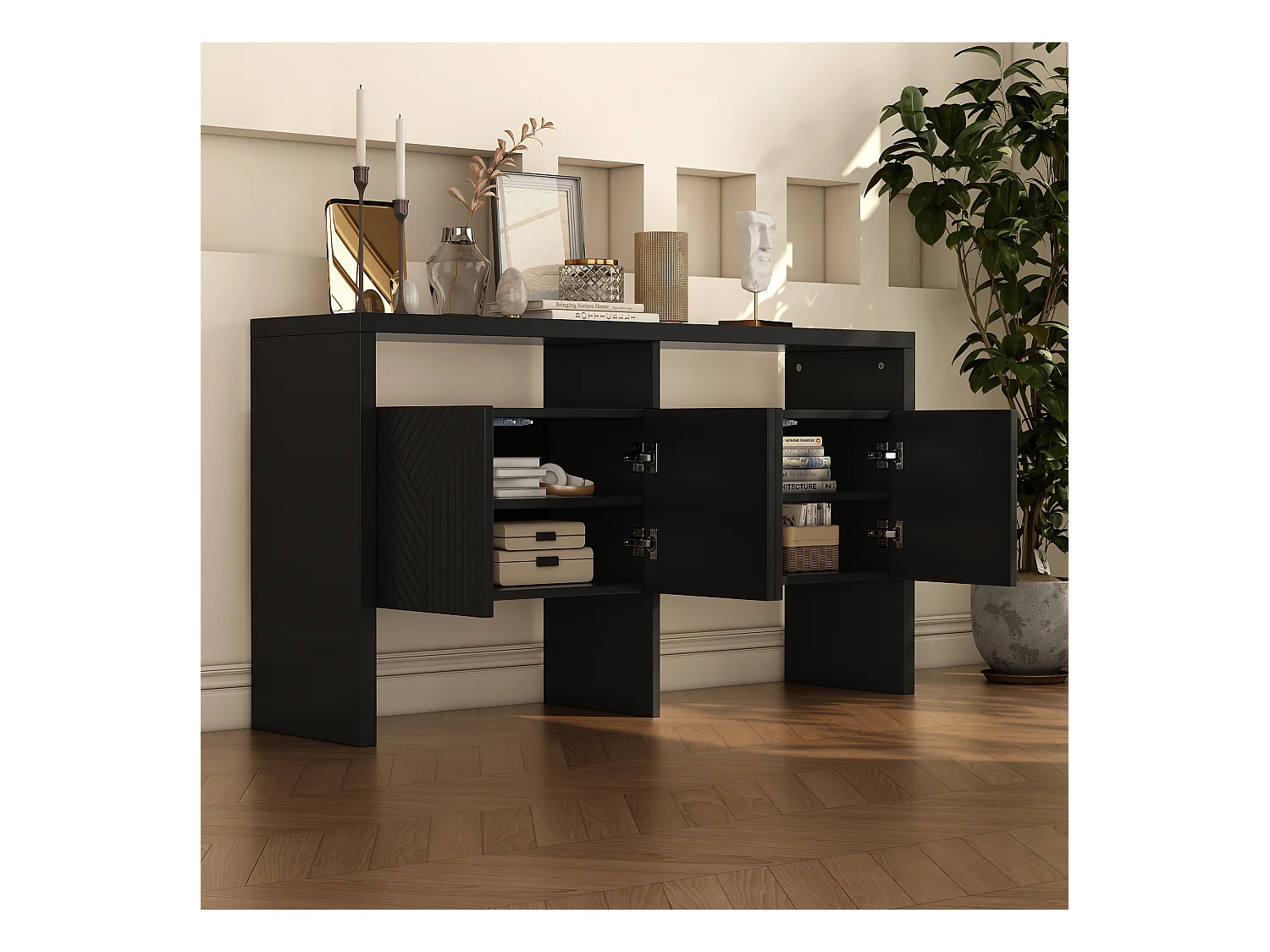 Buffet avec 2 portes et 3 tiroirs, pieds métalliques, design linéaire, MDF, noir et or (140x75x35 cm)