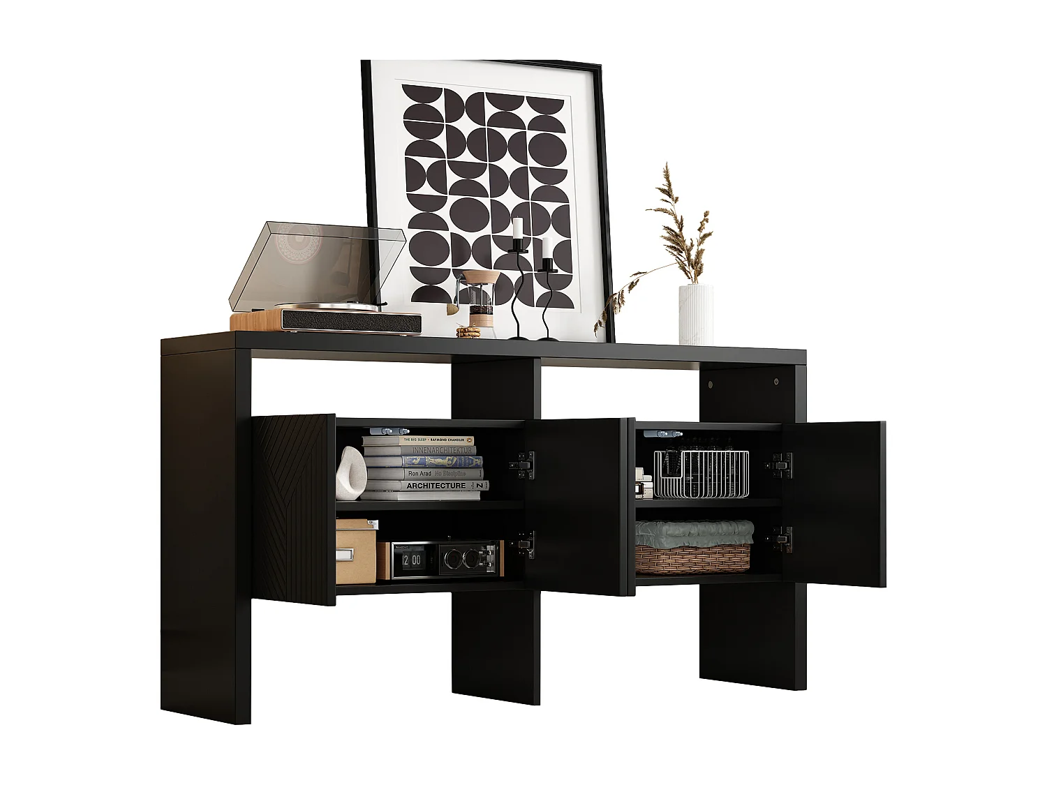 Buffet avec 2 portes et 3 tiroirs, pieds métalliques, design linéaire, MDF, noir et or (140x75x35 cm)