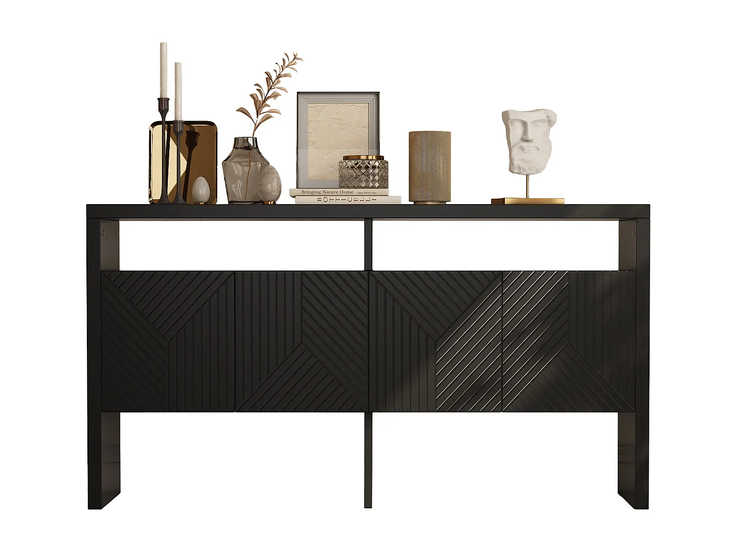 Buffet avec 2 portes et 3 tiroirs, pieds métalliques, design linéaire, MDF, noir et or (140x75x35 cm)