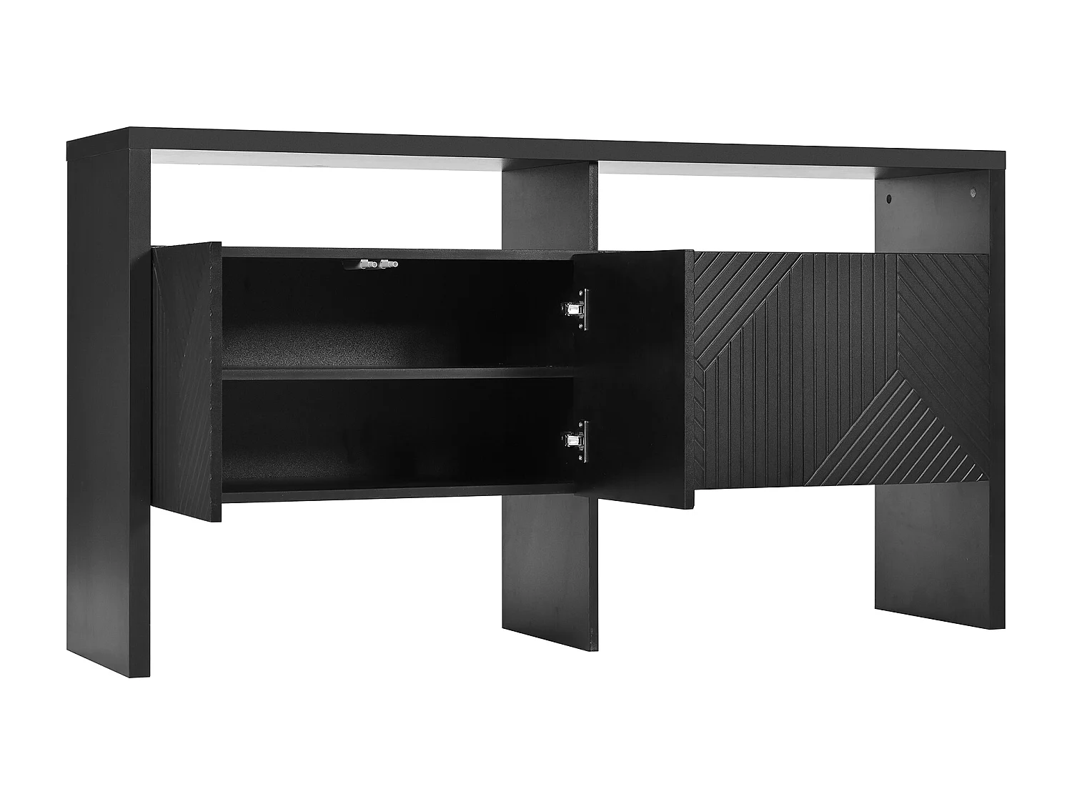 Buffet avec 2 portes et 3 tiroirs, pieds métalliques, design linéaire, MDF, noir et or (140x75x35 cm)