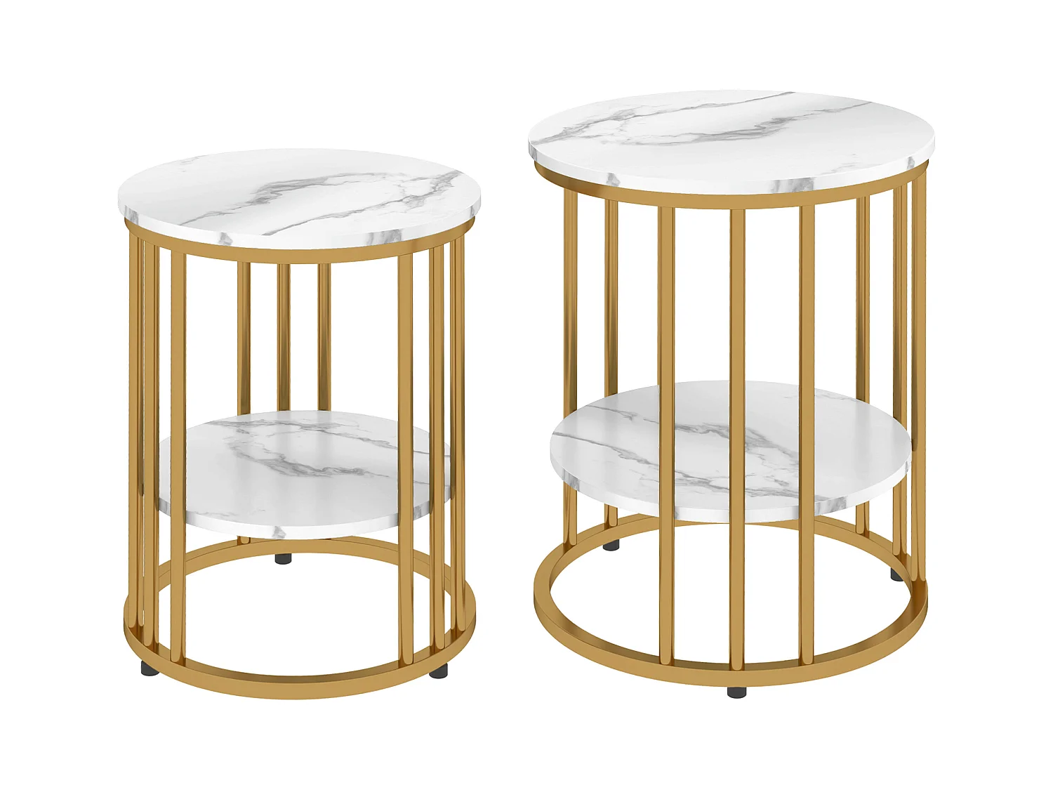 Table basse ronde 2 pièces, avec étagère, cadre en métal, finition marbre, blanc (45x45x55 cm)
