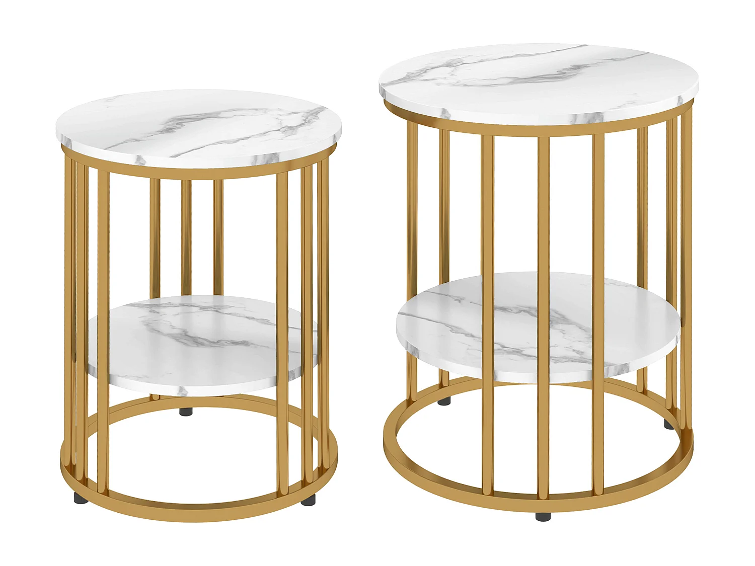 Ronde salontafel, 2-delig, met plank, metalen frame, marmeren afwerking, wit (45x45x55 cm)