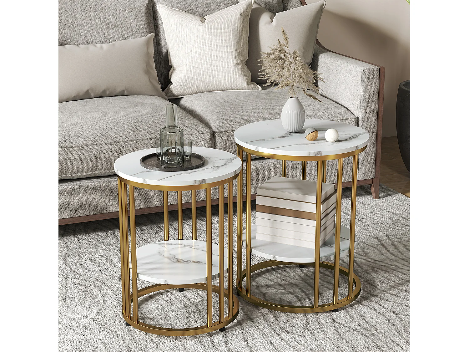 Ronde salontafel, 2-delig, met plank, metalen frame, marmeren afwerking, wit (45x45x55 cm)