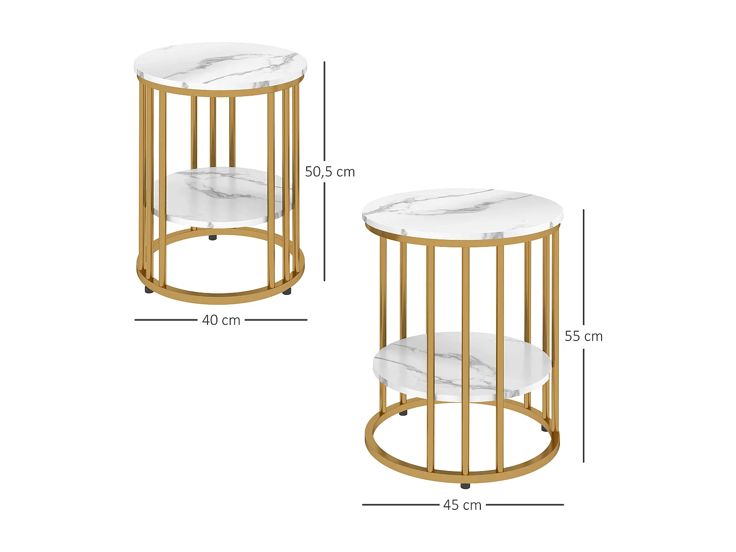 Ronde salontafel, 2-delig, met plank, metalen frame, marmeren afwerking, wit (45x45x55 cm)