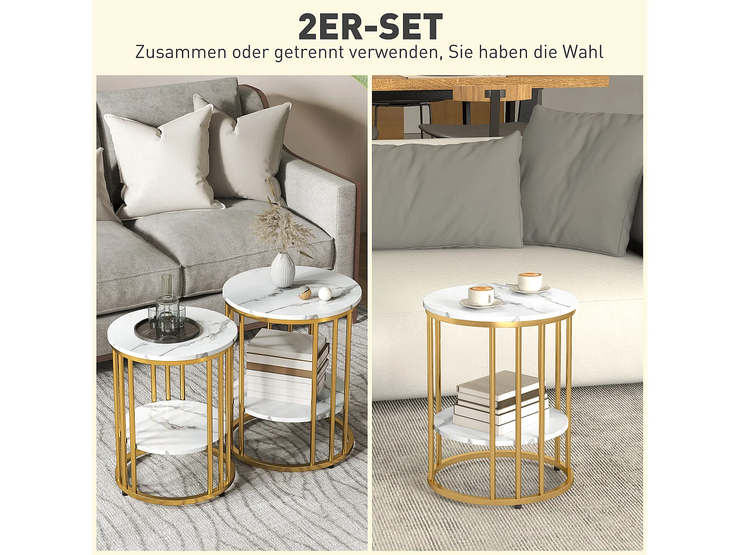 Ronde salontafel, 2-delig, met plank, metalen frame, marmeren afwerking, wit (45x45x55 cm)