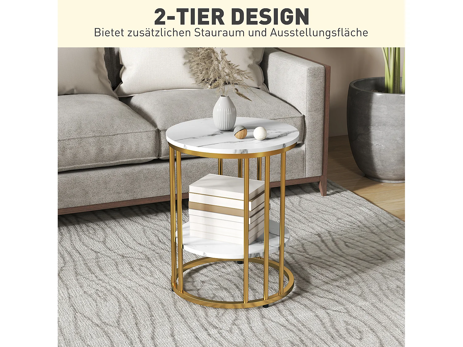 Ronde salontafel, 2-delig, met plank, metalen frame, marmeren afwerking, wit (45x45x55 cm)