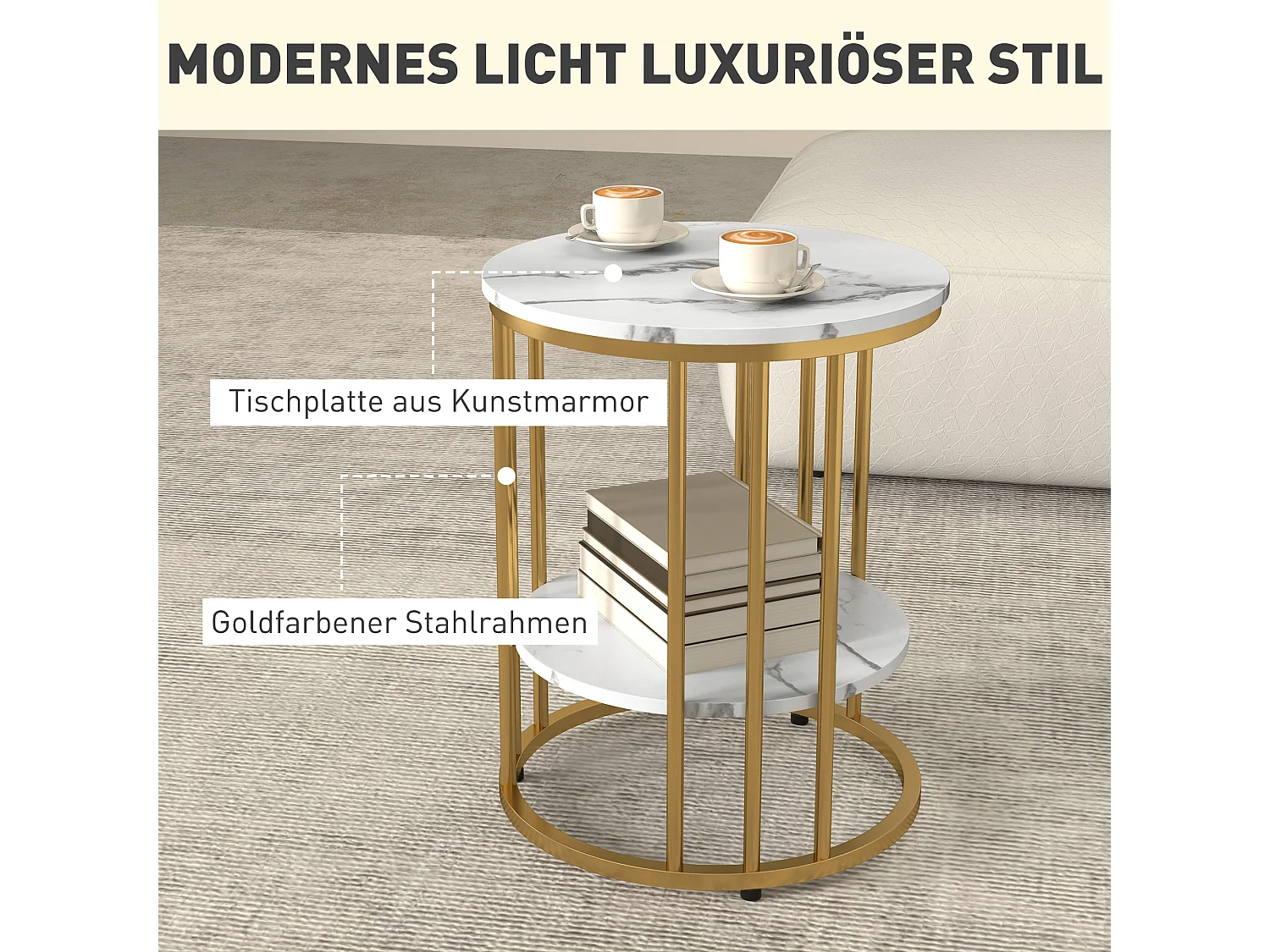 Ronde salontafel, 2-delig, met plank, metalen frame, marmeren afwerking, wit (45x45x55 cm)