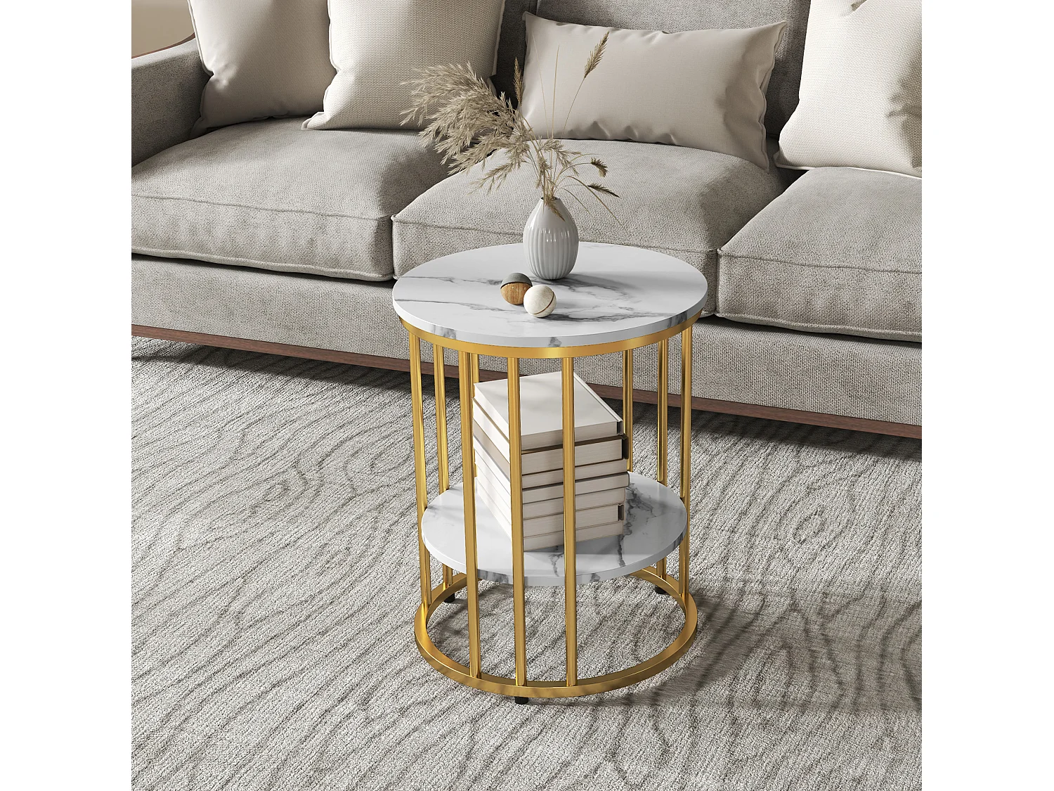 Ronde salontafel, 2-delig, met plank, metalen frame, marmeren afwerking, wit (45x45x55 cm)