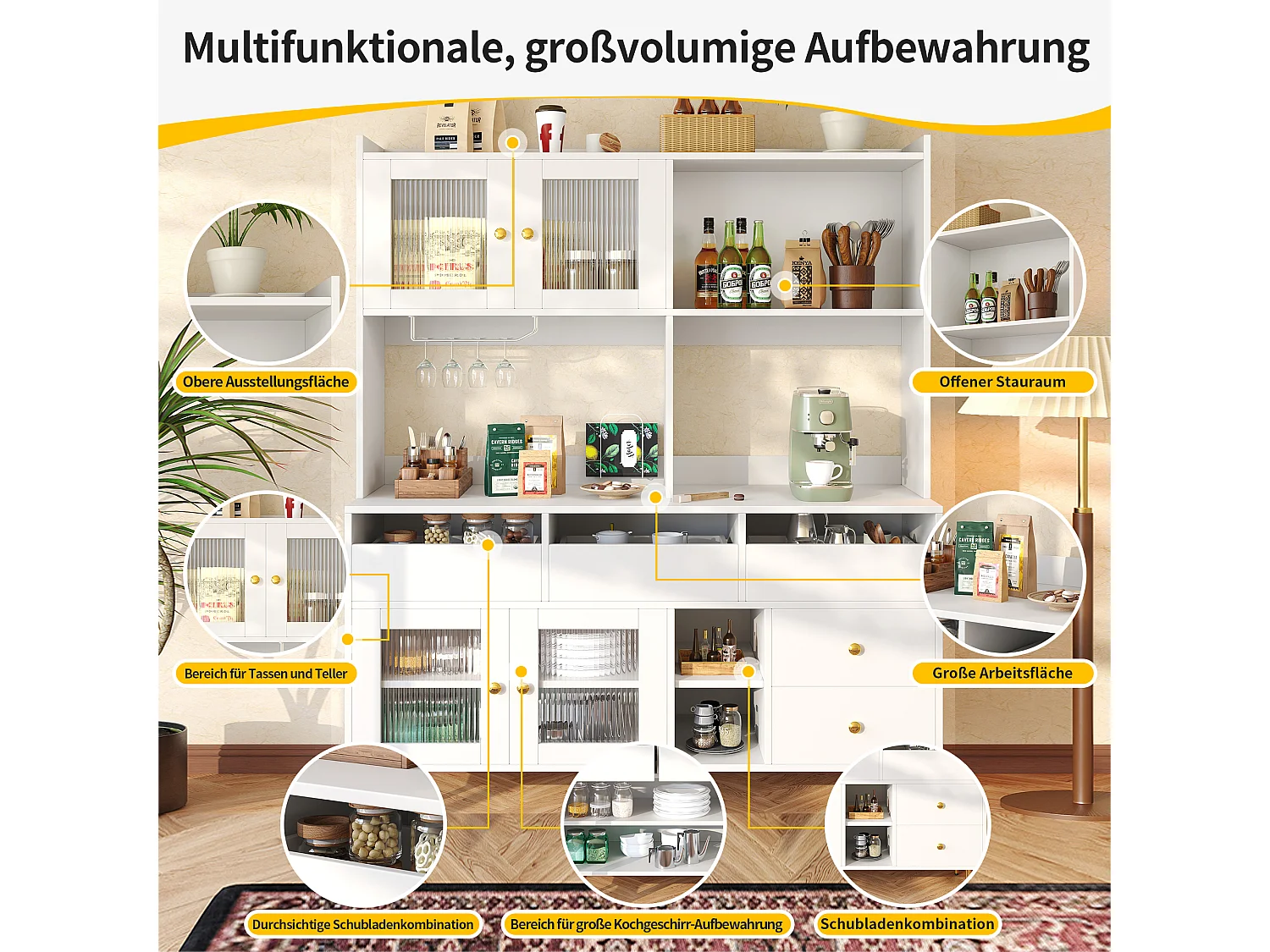 Vitrina de restaurante Changhong de diseño moderno de MDF con puerta de vidrio blanco, botellero y almacenamiento de varios niveles (145 x 39 x 171 cm)