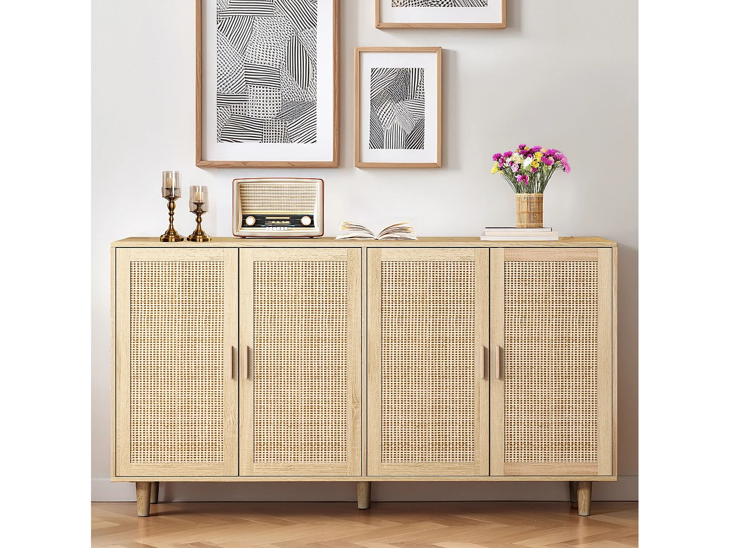 Armoire de rangement en rotin, design élégant, bois massif, naturel, (158x40x88 cm)