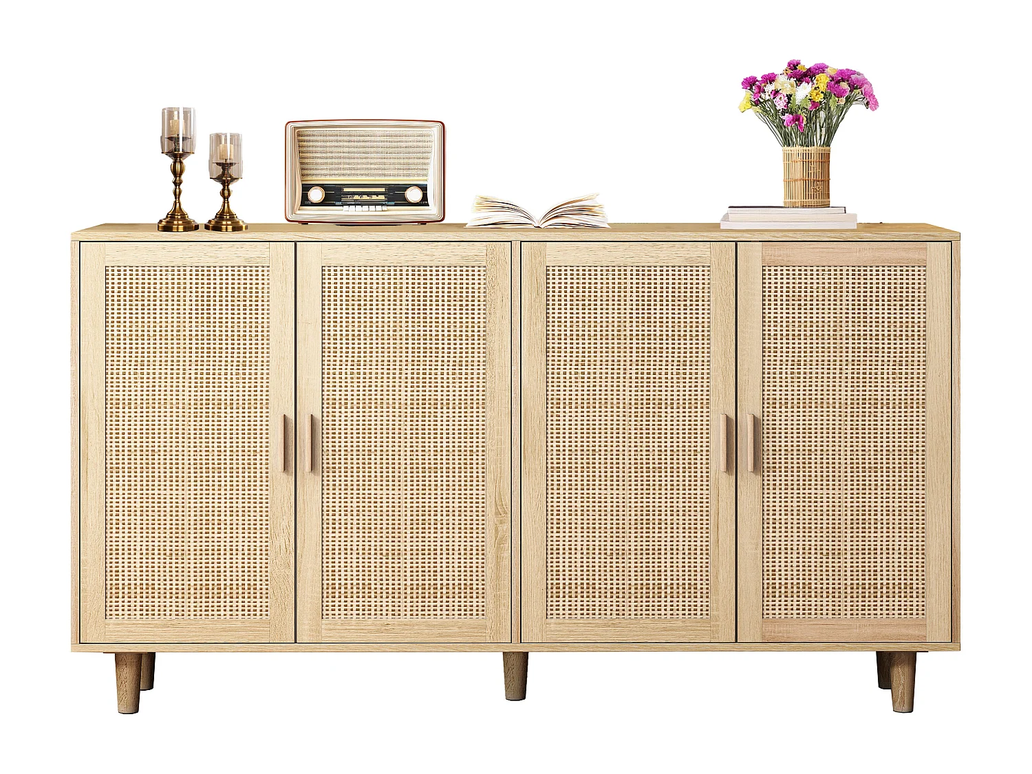 Armoire de rangement en rotin, design élégant, bois massif, naturel, (158x40x88 cm)