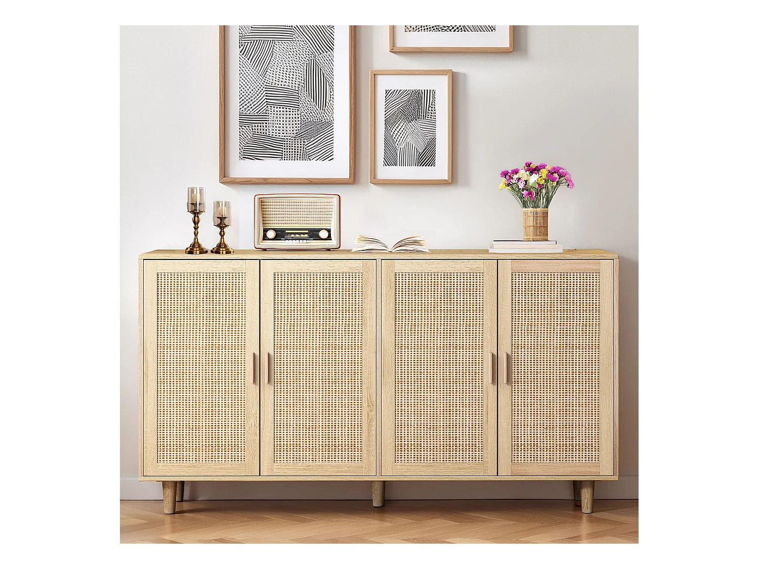 Armoire de rangement en rotin, design élégant, bois massif, naturel, (158x40x88 cm)