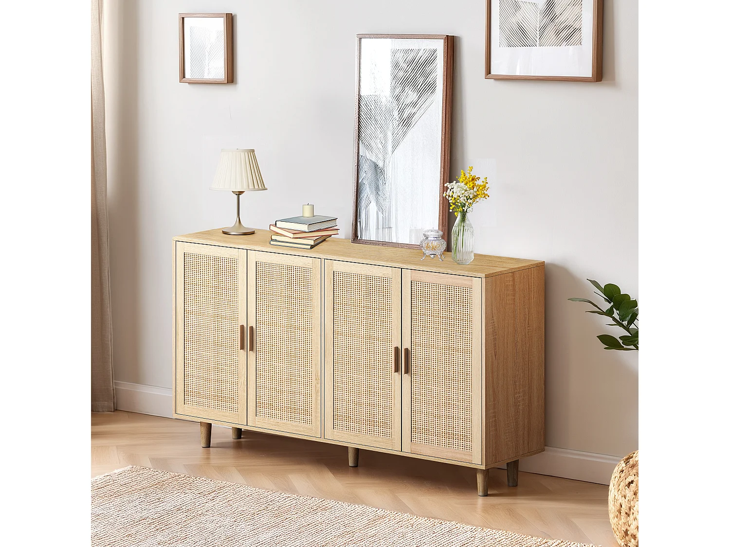 Armoire de rangement en rotin, design élégant, bois massif, naturel, (158x40x88 cm)