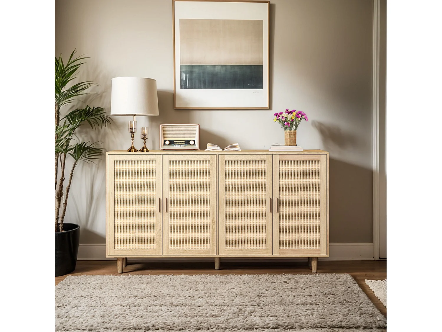 Armoire de rangement en rotin, design élégant, bois massif, naturel, (158x40x88 cm)