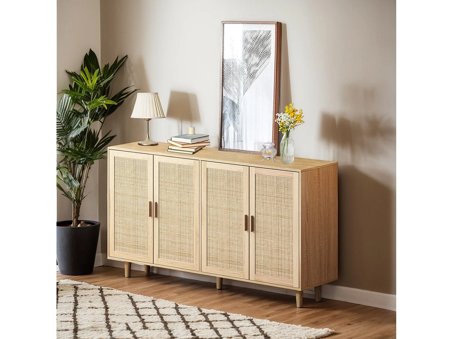 Armoire de rangement en rotin, design élégant, bois massif, naturel, (158x40x88 cm)