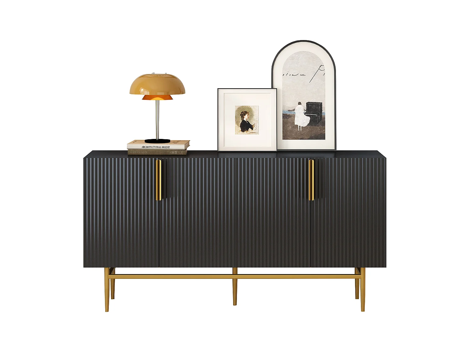 Buffet moderne élégant avec 4 portes, poignées métalliques dorées, pour salon, salle à manger, chambre ou couloir (noir) (152.5x40.5x80 cm)