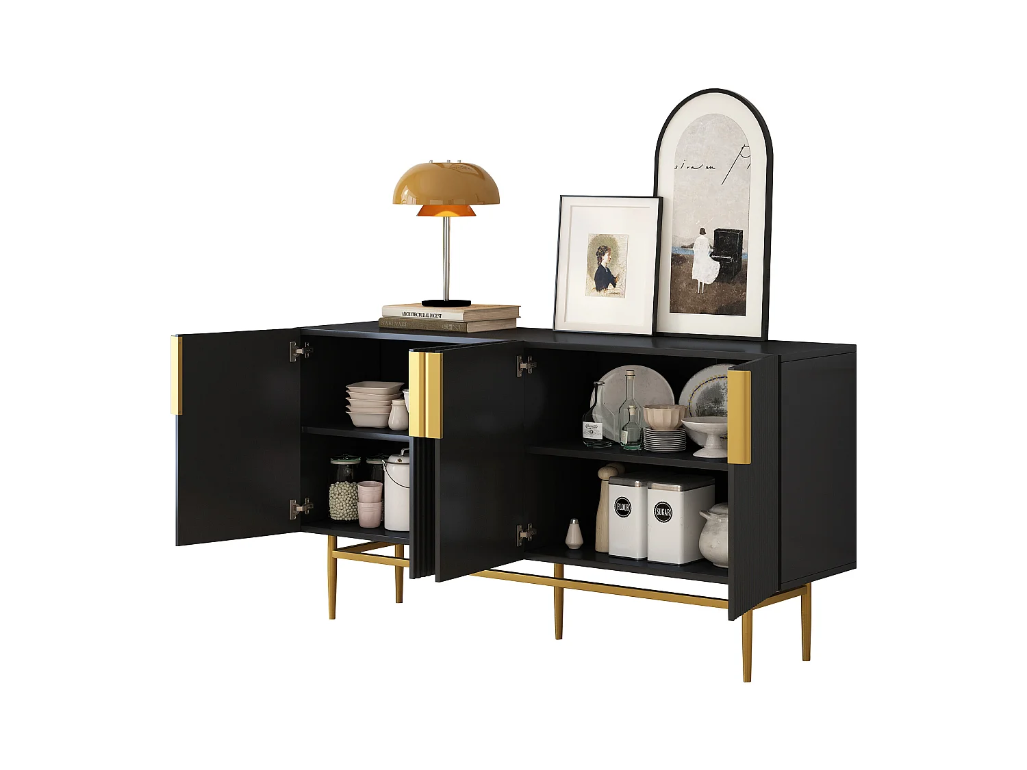 Buffet moderne élégant avec 4 portes, poignées métalliques dorées, pour salon, salle à manger, chambre ou couloir (noir) (152.5x40.5x80 cm)