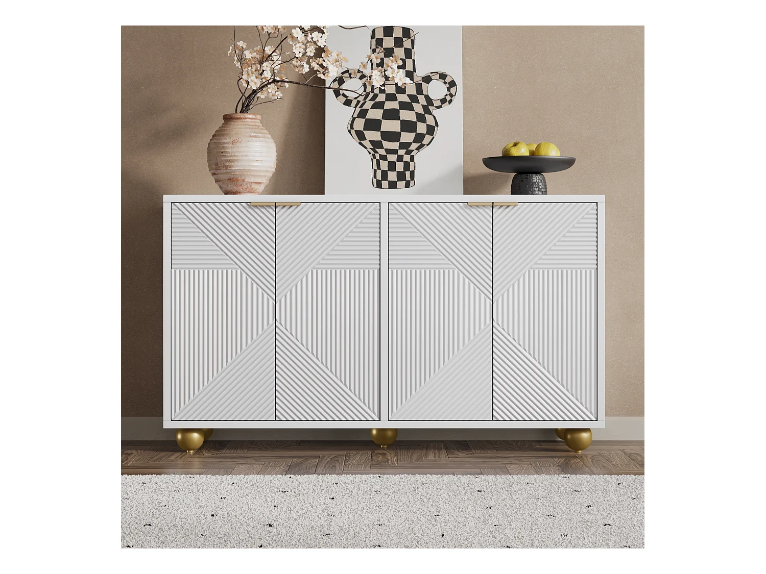Buffet moderne avec portes sculptées, 4 tiroirs, 4 portes, métal et pieds courbés, MDF blanc (120x35x71.5 cm)