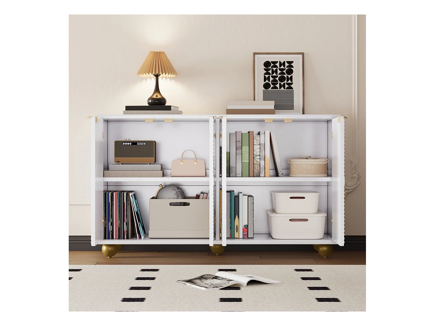 Buffet moderne avec portes sculptées, 4 tiroirs, 4 portes, métal et pieds courbés, MDF blanc (120x35x71.5 cm)