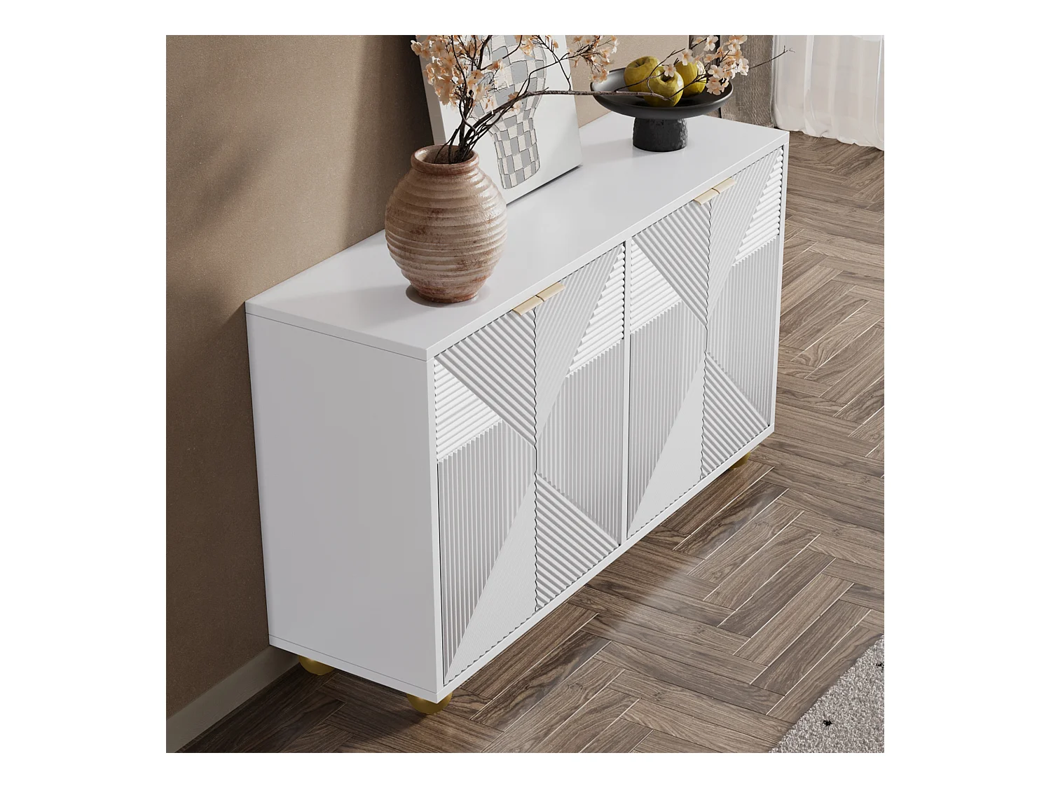 Buffet moderne avec portes sculptées, 4 tiroirs, 4 portes, métal et pieds courbés, MDF blanc (120x35x71.5 cm)