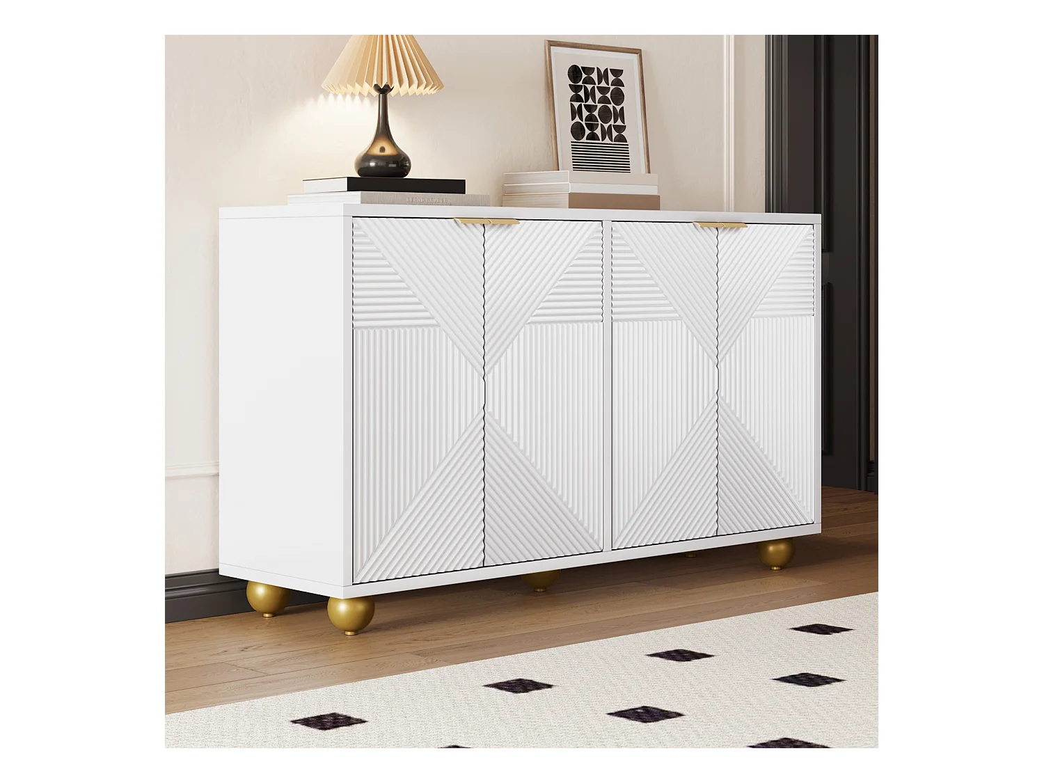 Buffet moderne avec portes sculptées, 4 tiroirs, 4 portes, métal et pieds courbés, MDF blanc (120x35x71.5 cm)