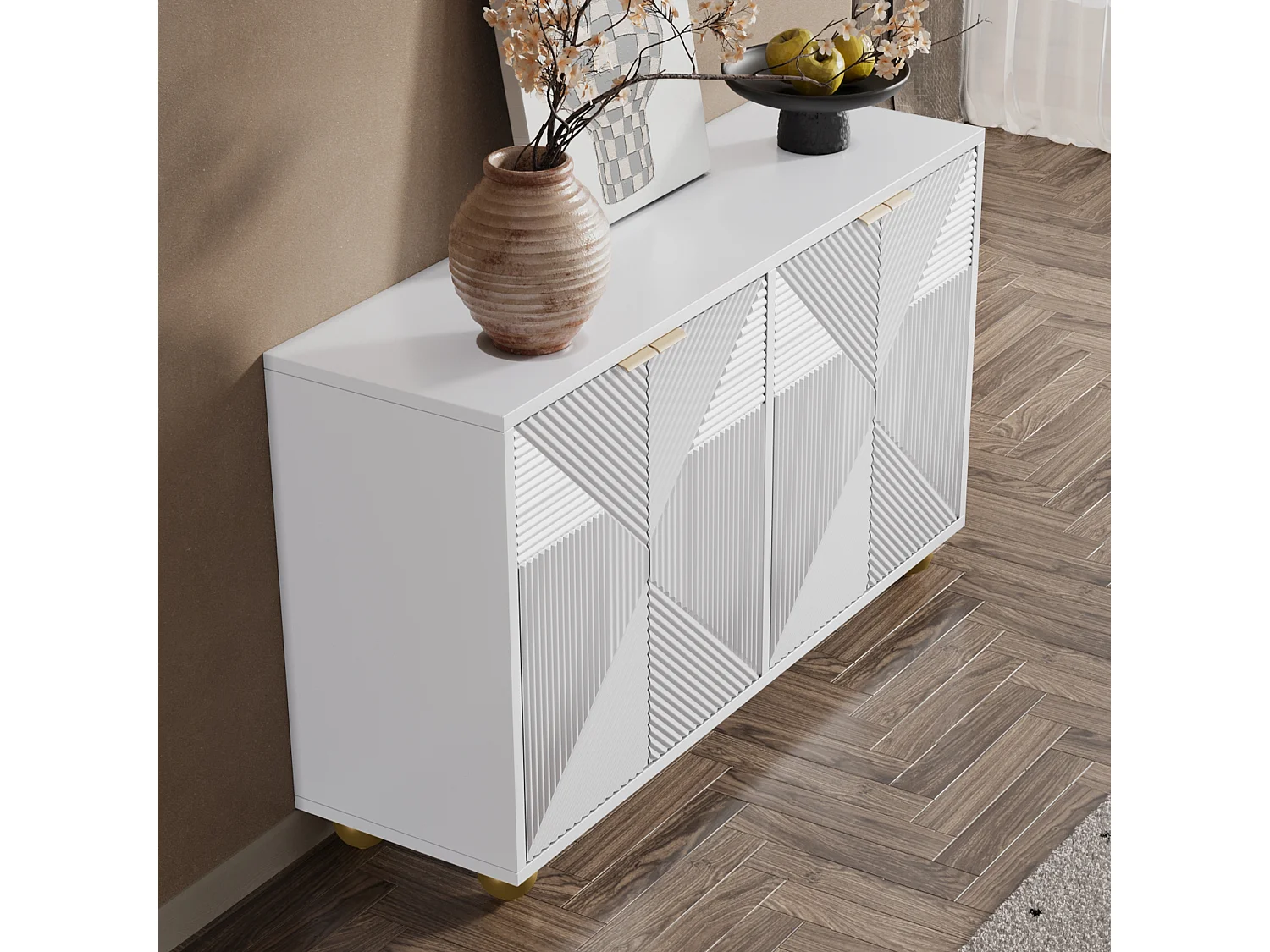 Buffet moderne avec portes sculptées, 4 tiroirs, 4 portes, métal et pieds courbés, MDF blanc (120x35x71.5 cm)