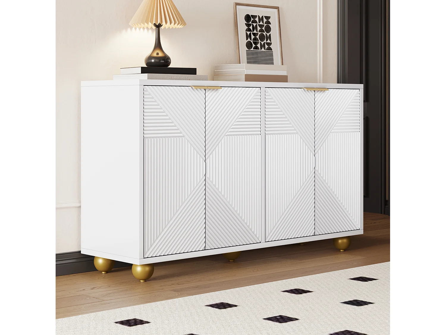 Buffet moderne avec portes sculptées, 4 tiroirs, 4 portes, métal et pieds courbés, MDF blanc (120x35x71.5 cm)